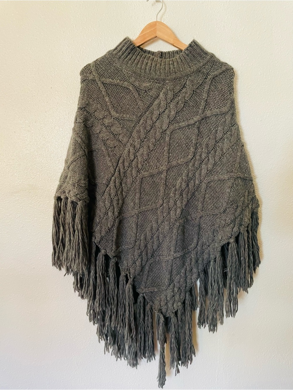 Cost Plus World Market Charcoal Cable-Knit Fringe Poncho Bohemian Cozy One Size